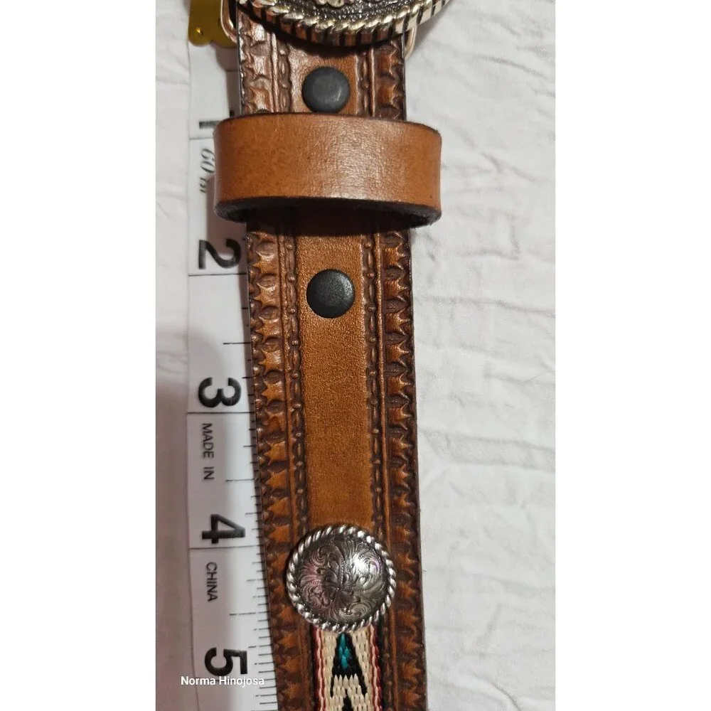 Vintage Justin Champion Western Leather Belt W/ Tooled Buckle & Woven Design 25